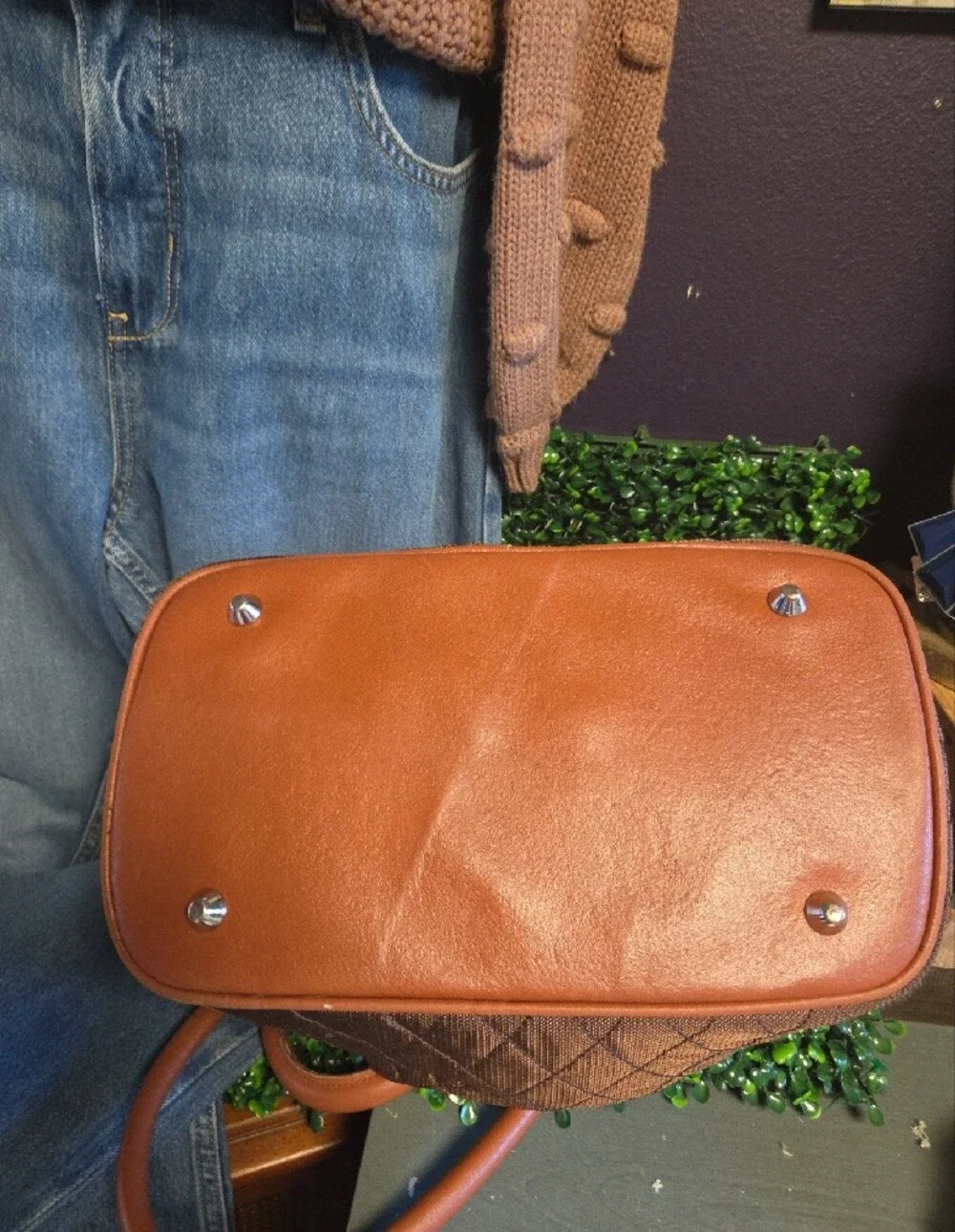 Quilted Shimmery Brown Tote with Tan Trim & Striped Interior